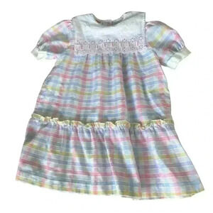 Vintage Cuddle Teen Baby Dress‎ Pastel Plaid Lace Trim Size 6 Ribbon Union Made